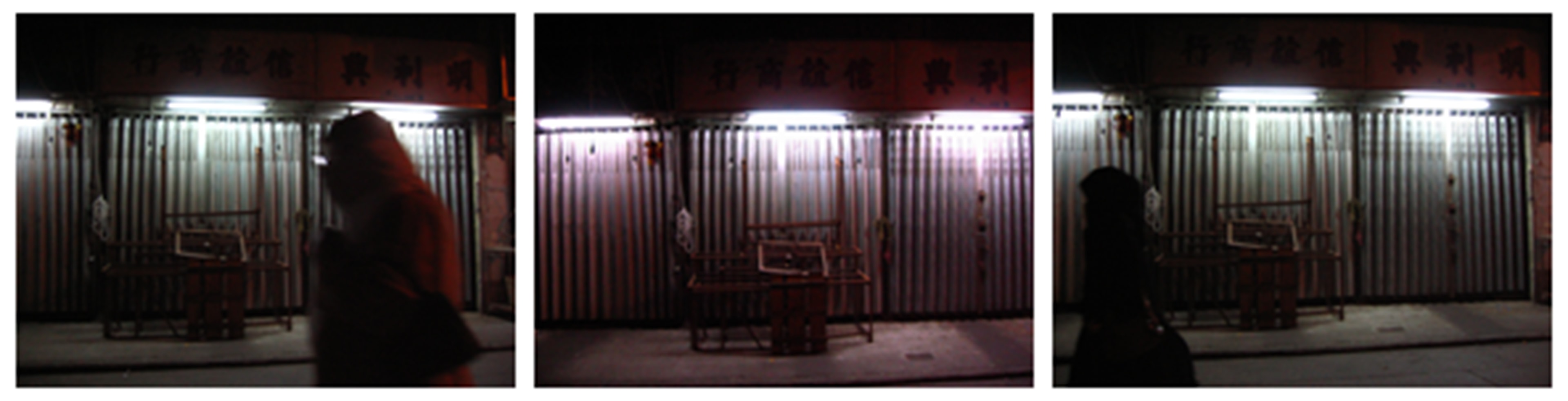Triptych — figures passing corrugated metal storefront at night, Hong Kong